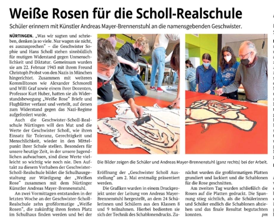 Kunstprojekt An Der Gsr N Rtingen Geschwister Scholl Realschule